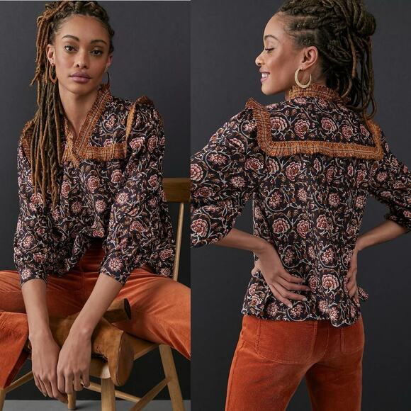 Anthropologie Othilia Sera Ruffled Blouse Black Floral Boho Fall Top Medium - Picture 1 of 8